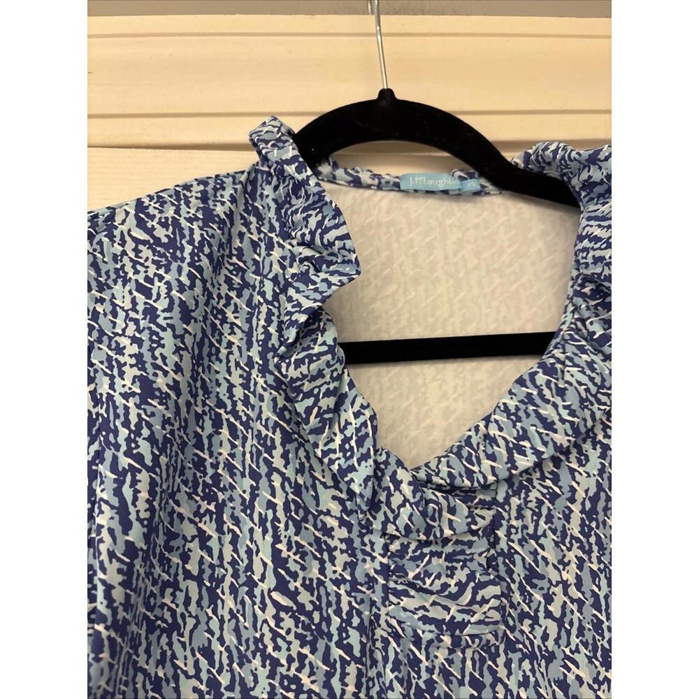 J Mclaughlin XS Blue Patterned Ruffle Neck 3/4 Sleeve Top - Picture 5 of 8